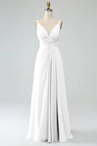 A-Line Twilight Spaghetti Straps Pleated Chiffon Long Bridesmaid Dress