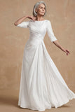 Dusty Sage Ruched A Line Boat Neck Long Mother of the Bride Dress