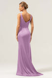 Burgundy Sheath V Neck Ruched High-Low Bridesmaid Dress with Slit