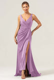 Burgundy Sheath V Neck Ruched High-Low Bridesmaid Dress with Slit