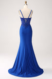 Glitter Royal Blue Mermaid Spaghetti Straps Long Formal Dress with Appliques