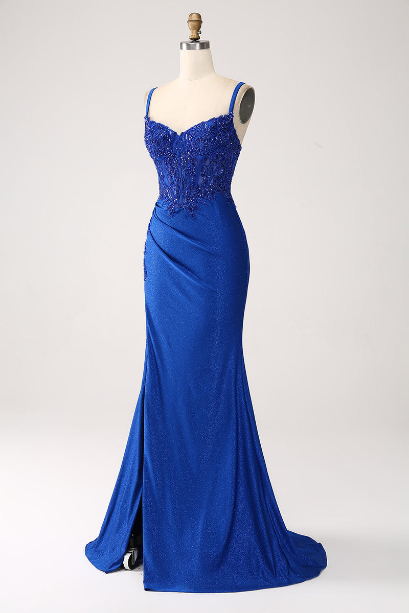 Load image into Gallery viewer, Glitter Royal Blue Mermaid Spaghetti Straps Long Formal Dress with Appliques