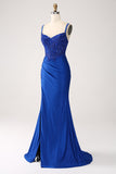 Glitter Royal Blue Mermaid Spaghetti Straps Long Formal Dress with Appliques