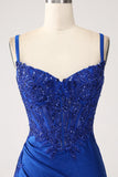 Glitter Royal Blue Mermaid Spaghetti Straps Long Formal Dress with Appliques