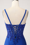 Glitter Royal Blue Mermaid Spaghetti Straps Long Formal Dress with Appliques