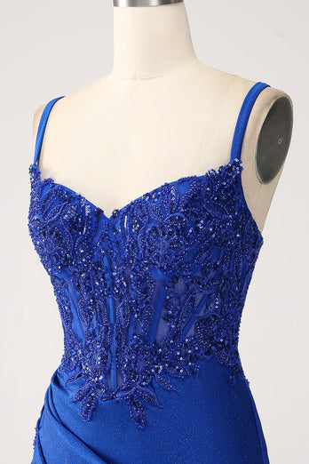 Glitter Royal Blue Mermaid Spaghetti Straps Long Formal Dress with Appliques