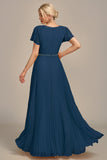 Navy A-Line Beaded Round Neck Pleated Choir Dress with Short Sleeves