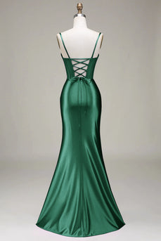 Dark Green Mermaid Spaghetti Straps Corset Prom Dress with Split Front