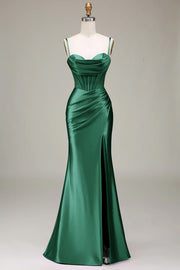 Dark Green Mermaid Corset Satin Long Formal Dress with Slit
