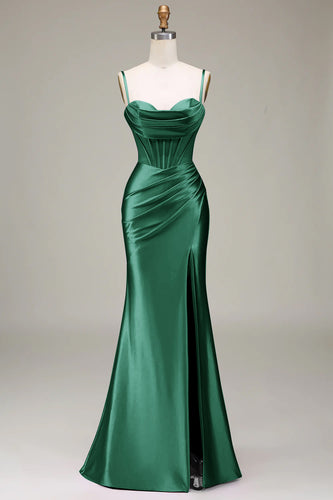 Dark Green Mermaid Spaghetti Straps Corset Prom Dress with Split Front