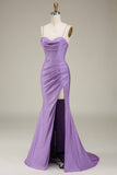 Satin Spaghetti Straps Lilac Corset Formal Dress