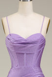 Satin Spaghetti Straps Lilac Corset Formal Dress