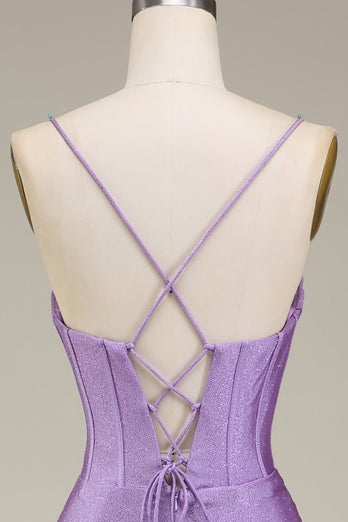 Satin Spaghetti Straps Lilac Corset Formal Dress