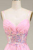 Sparkly Pink Corset Spaghetti Straps A-Line Formal Dress