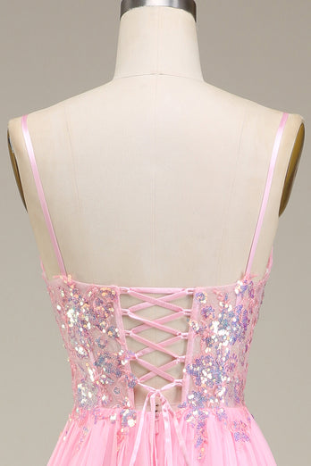 Sparkly Pink Corset Spaghetti Straps A-Line Formal Dress
