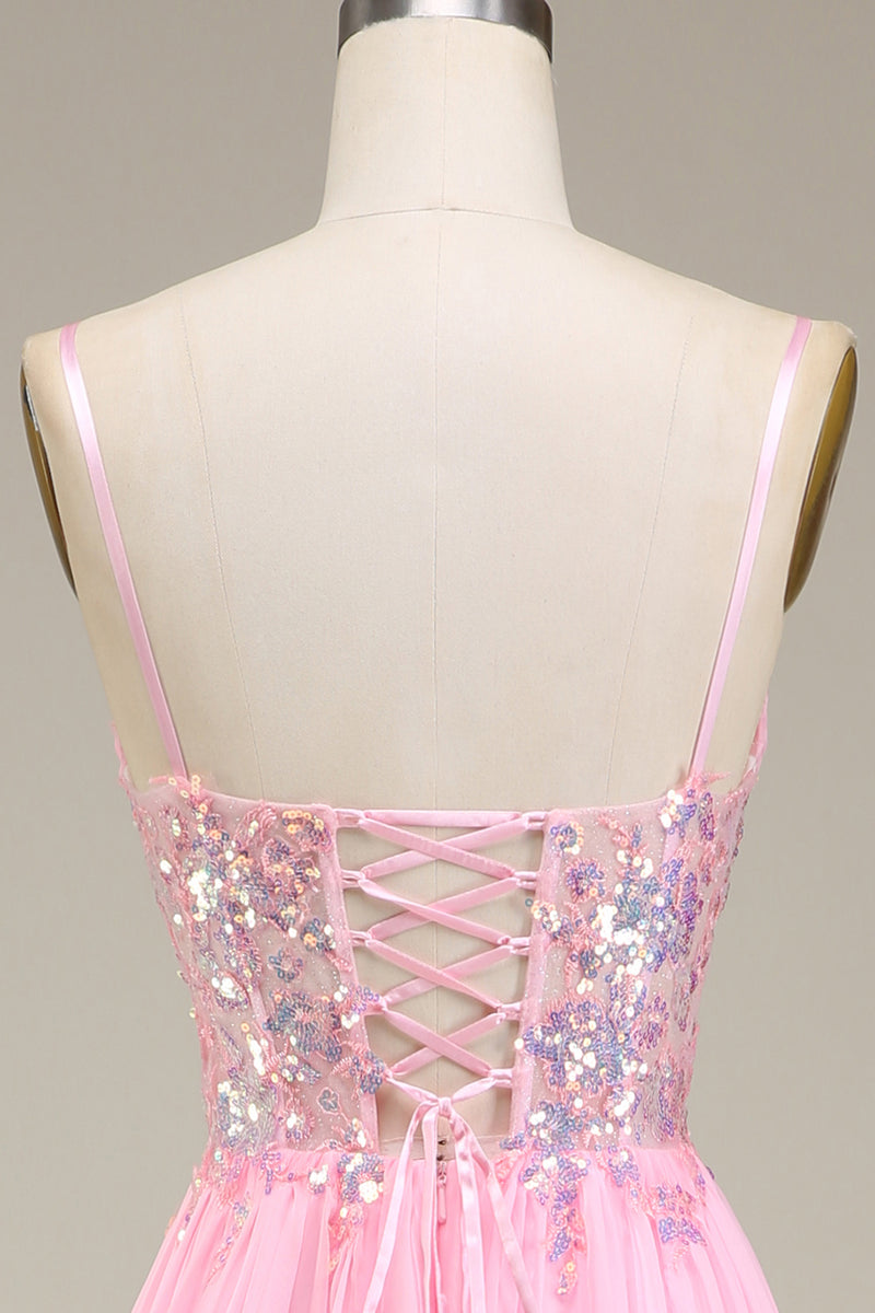 Load image into Gallery viewer, Sparkly Pink Corset Spaghetti Straps A-Line Formal Dress