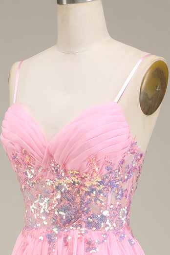 Sparkly Pink Corset Spaghetti Straps A-Line Formal Dress