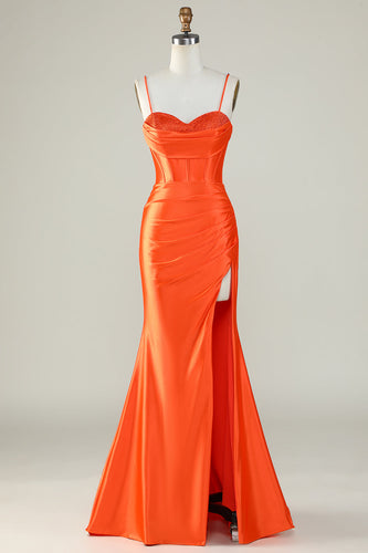 Orange Mermaid Spaghetti Straps Long Corset Formal Dress With Slit
