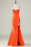 Orange Mermaid Spaghetti Straps Long Corset Formal Dress With Slit