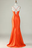 Orange Mermaid Spaghetti Straps Long Corset Formal Dress With Slit