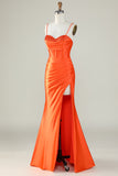 Orange Mermaid Spaghetti Straps Long Corset Formal Dress With Slit