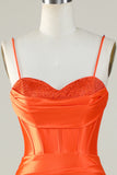 Orange Mermaid Spaghetti Straps Long Corset Formal Dress With Slit