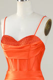 Orange Mermaid Spaghetti Straps Long Corset Formal Dress With Slit