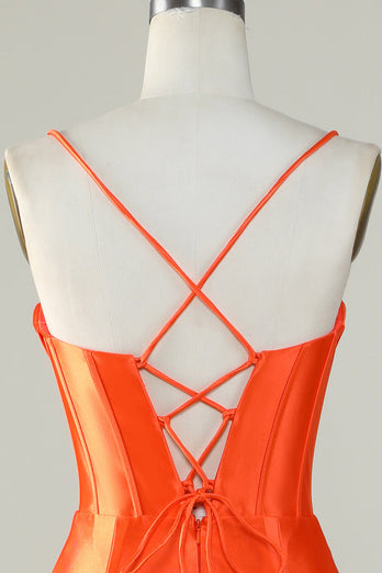 Orange Mermaid Spaghetti Straps Long Corset Formal Dress With Slit