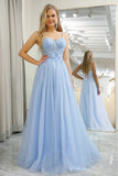 Sparkly Light Blue A-Line Tulle Formal Dress With Appliques