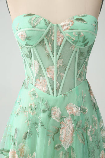 Green A Line Sweetheart Printed Corset Formal Dress with Slit