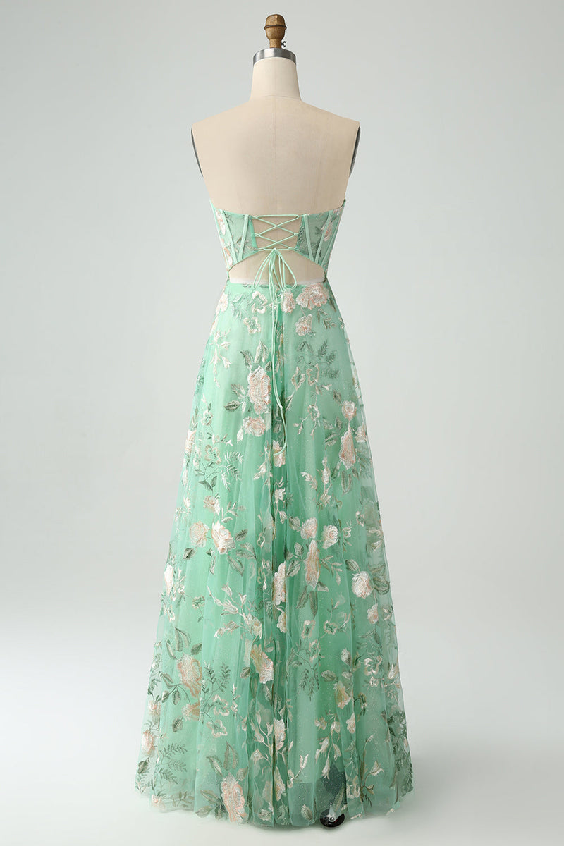 Load image into Gallery viewer, Green A Line Sweetheart Printed Corset Formal Dress with Slit
