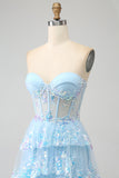 Princess A Line Sweetheart Lavender Corset Formal Dress with Tiered Lace