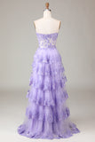 Sparkly Lilac Tiered Corset Lace Long Formal Dress with Slit