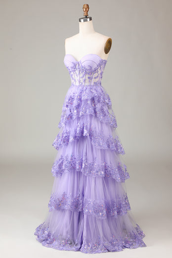 Sparkly Lilac Tiered Corset Lace Long Formal Dress with Slit