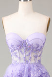 Sparkly Lilac Tiered Corset Lace Long Formal Dress with Slit