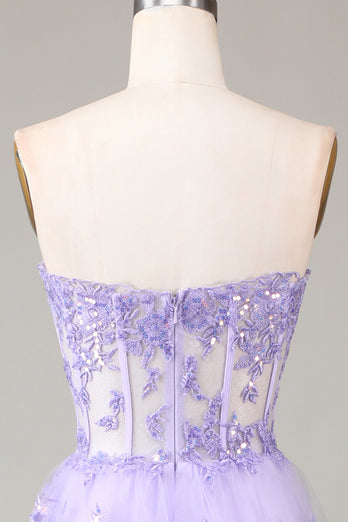 Sparkly Lilac Tiered Corset Lace Long Formal Dress with Slit