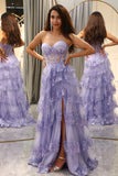 Sparkly Lilac Tiered Corset Lace Long Formal Dress with Slit