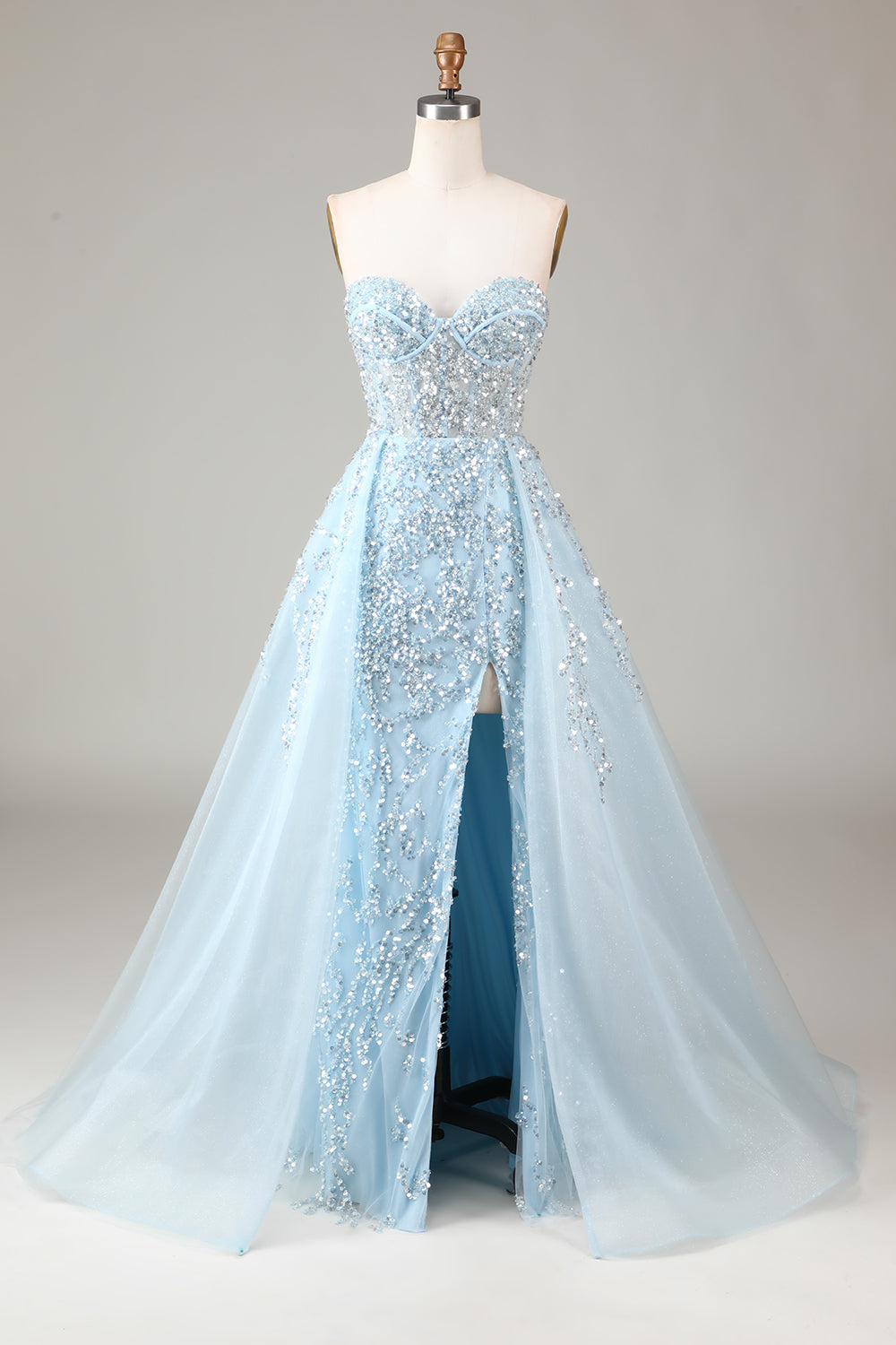 Sparkly Light Blue Beaded Long Formal Dress with Slit