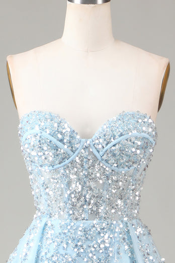 Sparkly Light Blue Beaded Long Formal Dress with Slit