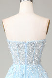 Sparkly Light Blue Beaded Long Formal Dress with Slit