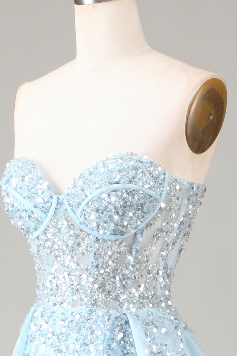 Load image into Gallery viewer, Sparkly Light Blue Beaded Long Formal Dress with Slit