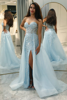 Sparkly Light Blue Beaded Long Formal Dress with Slit