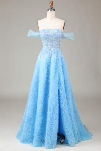 Sparkly Blue Corset Off the Shoulder A-Line Long Formal Dress with Lace