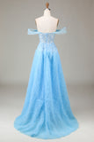 Sparkly Blue Corset Off the Shoulder A-Line Long Formal Dress with Lace