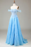 Sparkly Blue Corset Off the Shoulder A-Line Long Formal Dress with Lace