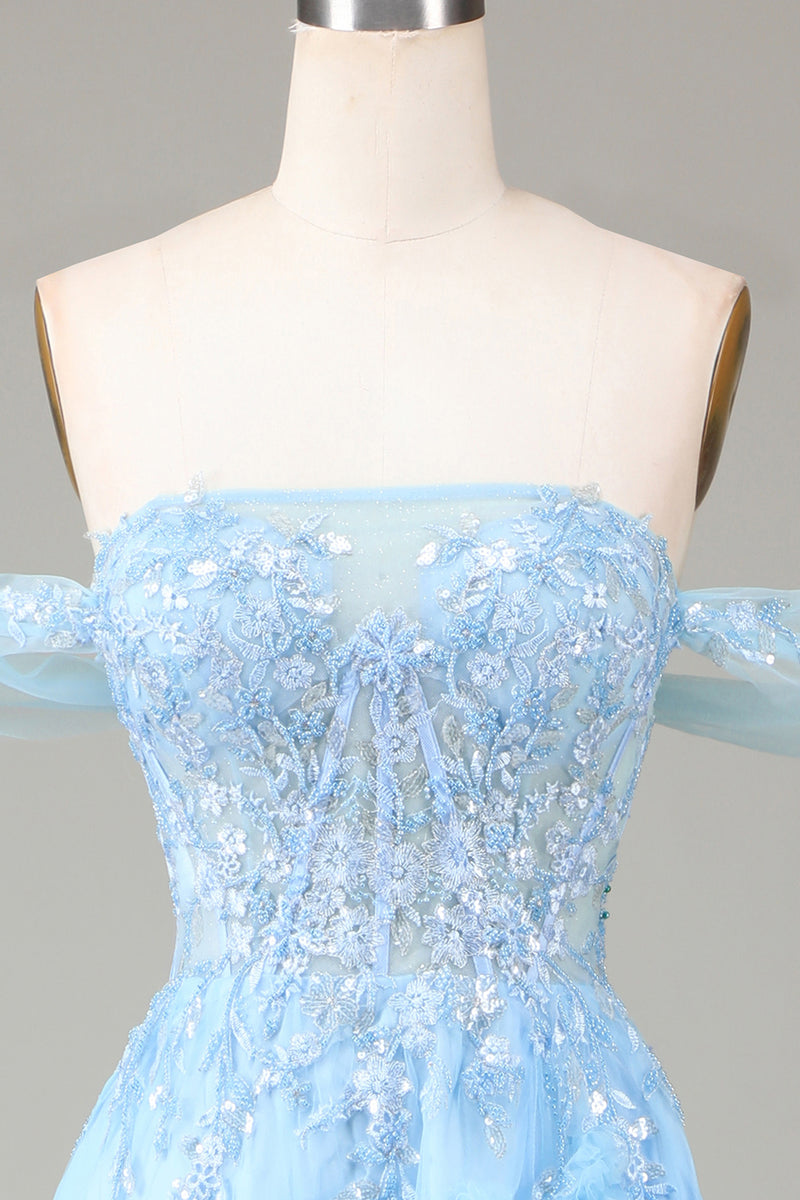 Load image into Gallery viewer, Sparkly Blue Corset Off the Shoulder A-Line Long Formal Dress with Lace