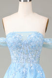 Sparkly Blue Corset Off the Shoulder A-Line Long Formal Dress with Lace