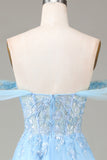 Sparkly Blue Corset Off the Shoulder A-Line Long Formal Dress with Lace