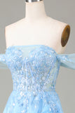 Sparkly Blue Corset Off the Shoulder A-Line Long Formal Dress with Lace