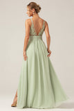 A-Line Pleated Chiffon Long Dusty Sage Bridesmaid Dress